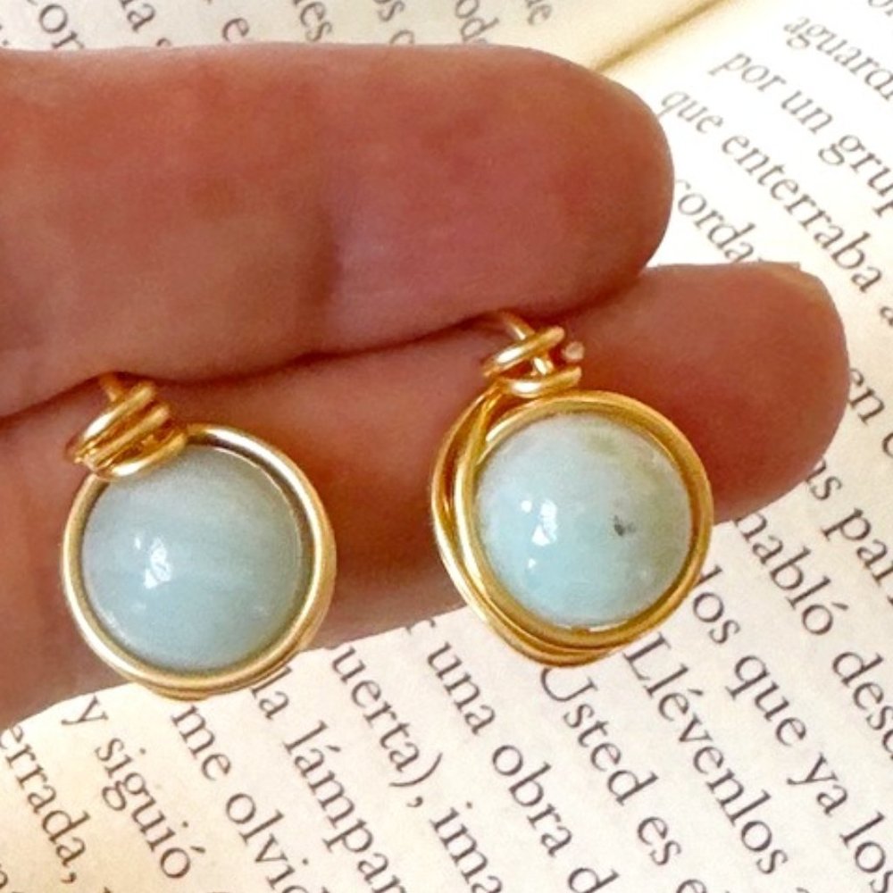 Blue amazonite halo style gold studs/dainty amazonite jewelry/amazonite earrings - Picture 2 of 8